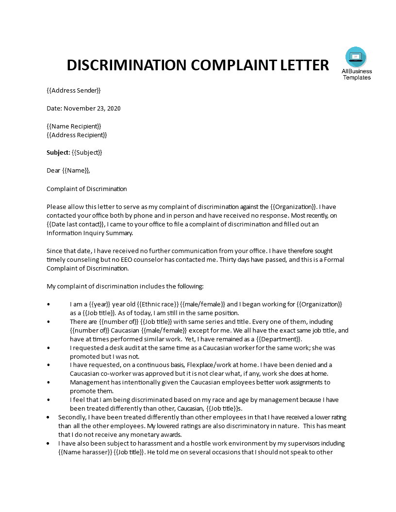 formal employee discrimination complaint letter voorbeeld afbeelding 