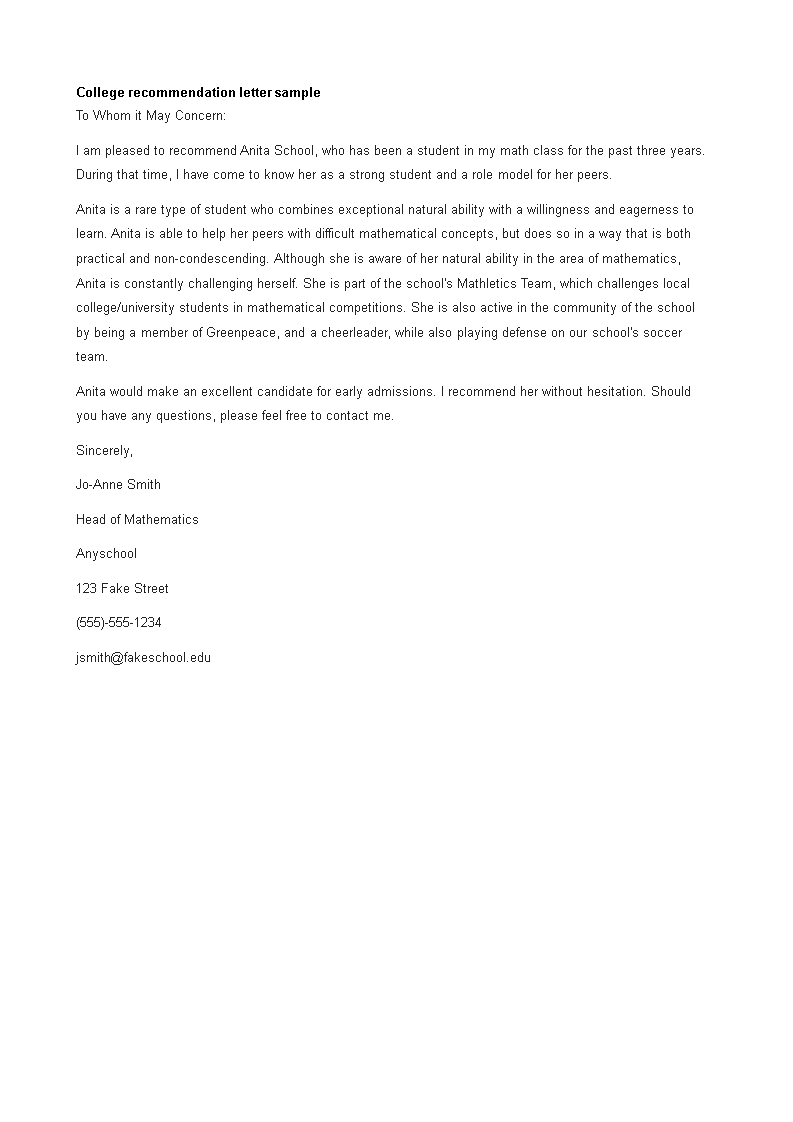 college letter of recommendation format template