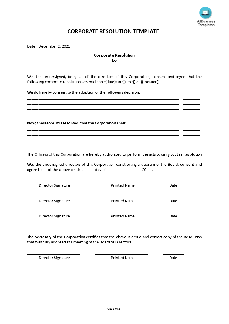 corporate resolution template template