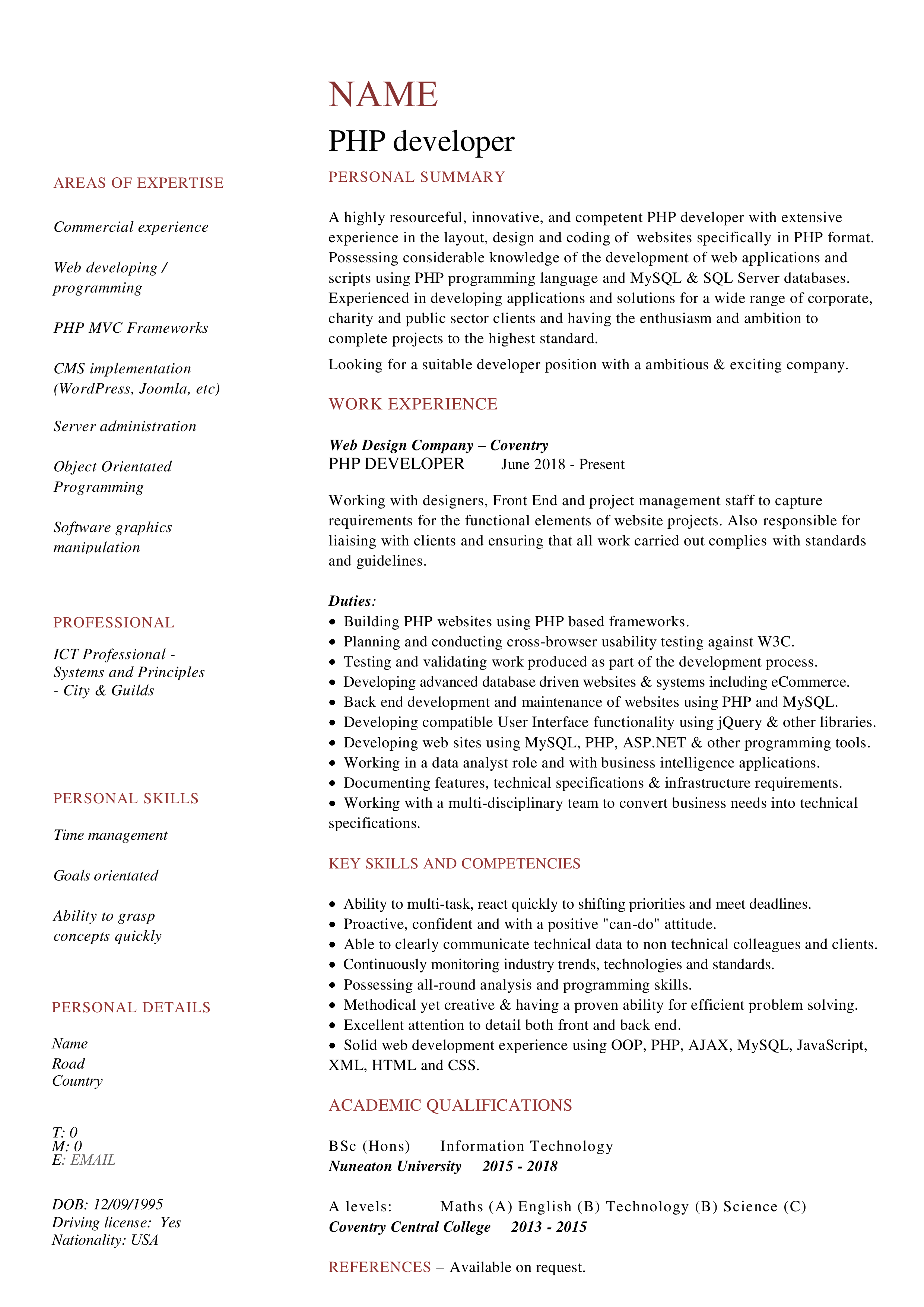 php developer resume template