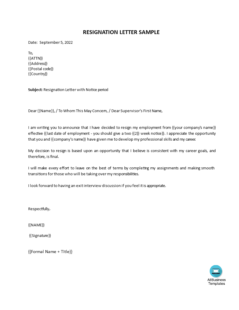 simple letter of resignation template