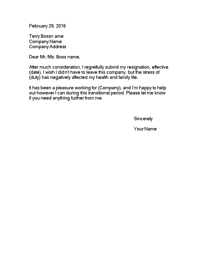 resignation letter due to stress modèles