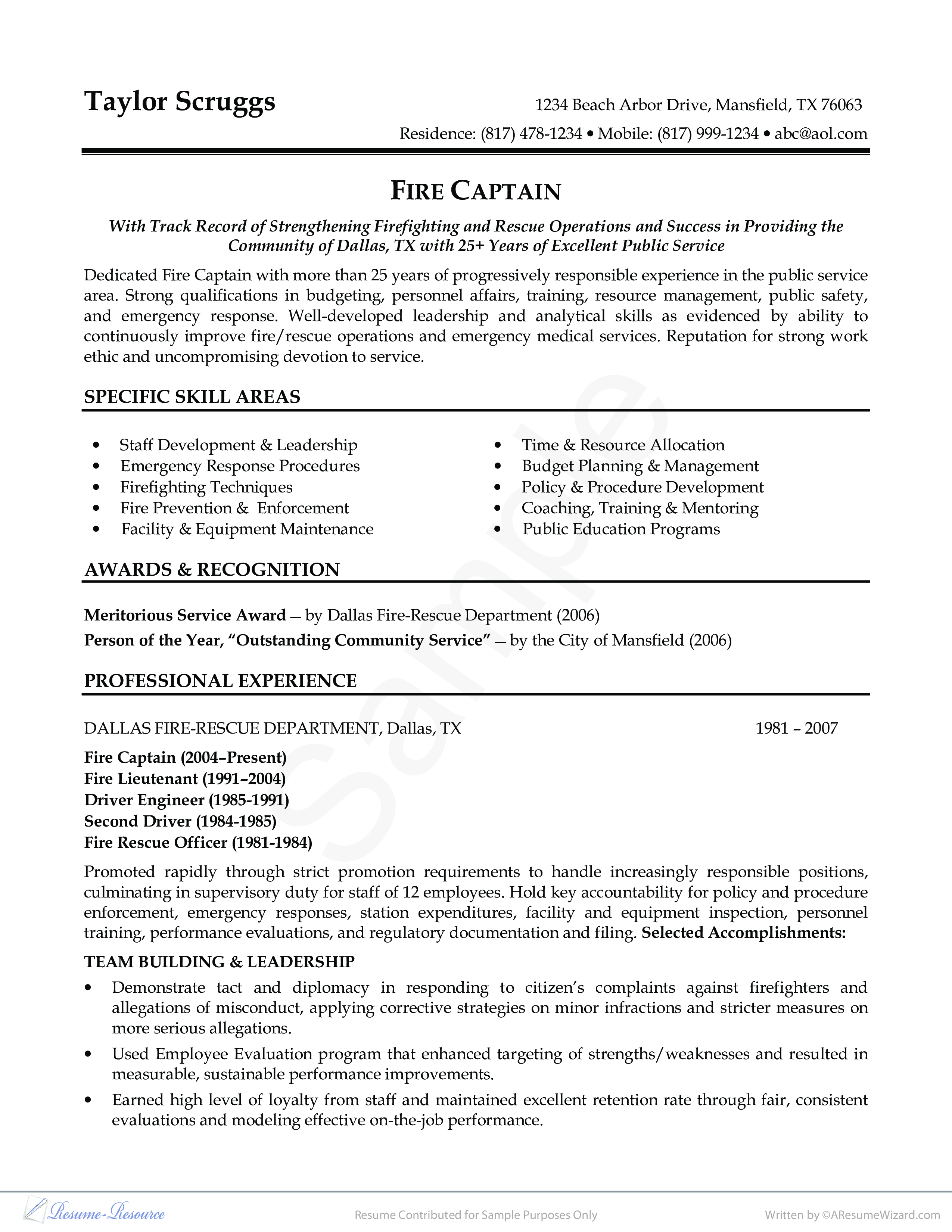 Fireman Resume Example 模板