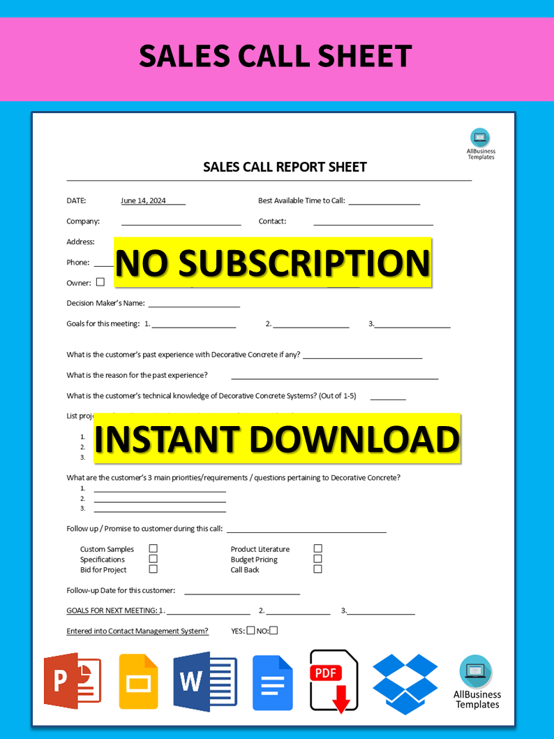 sales call sheet Hauptschablonenbild