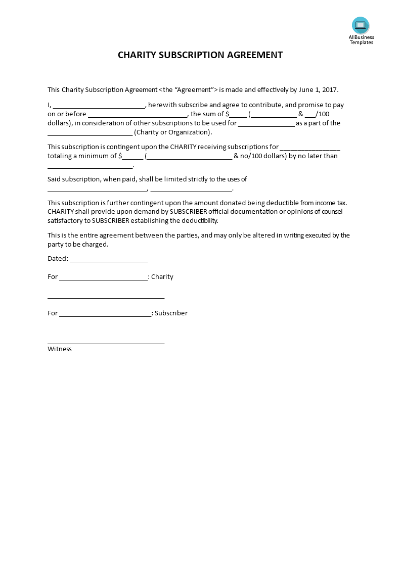 charity subscription agreement template