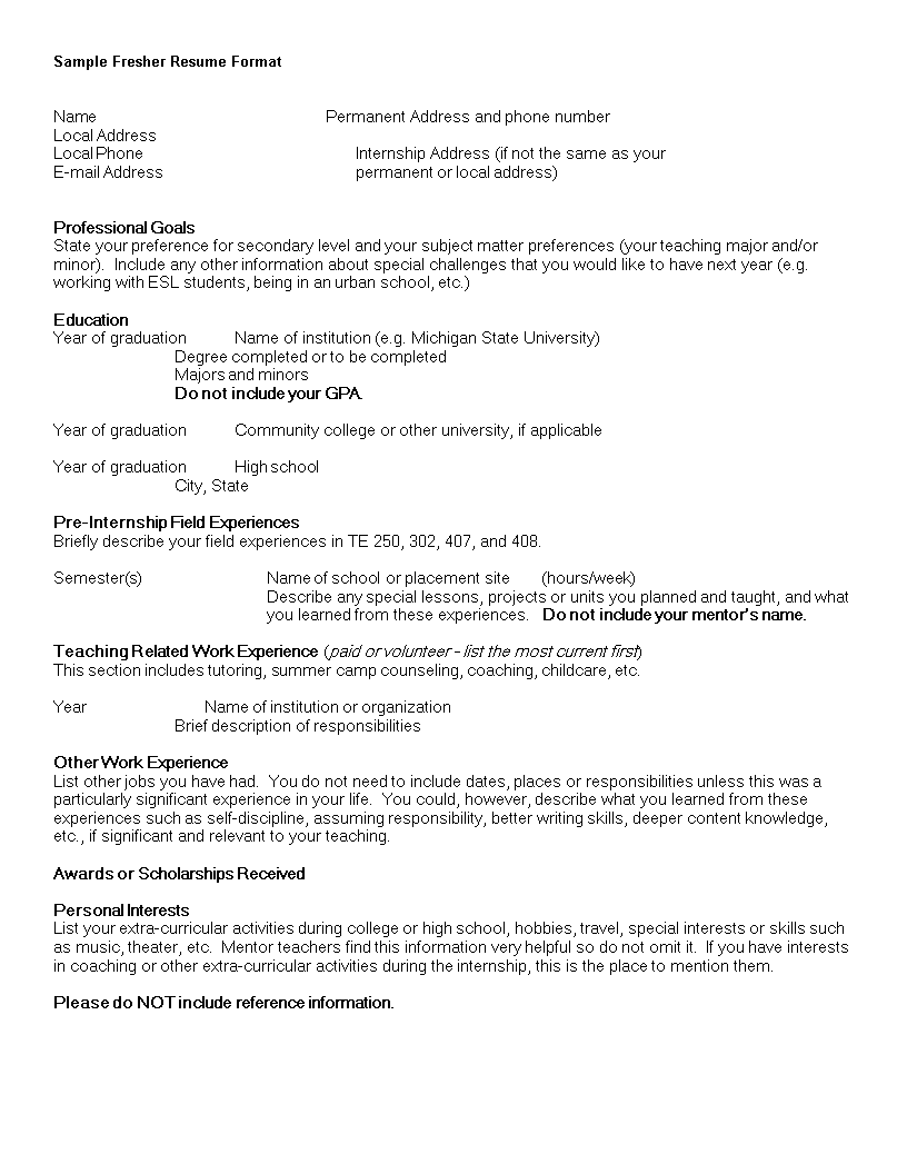 resume format for fresher template