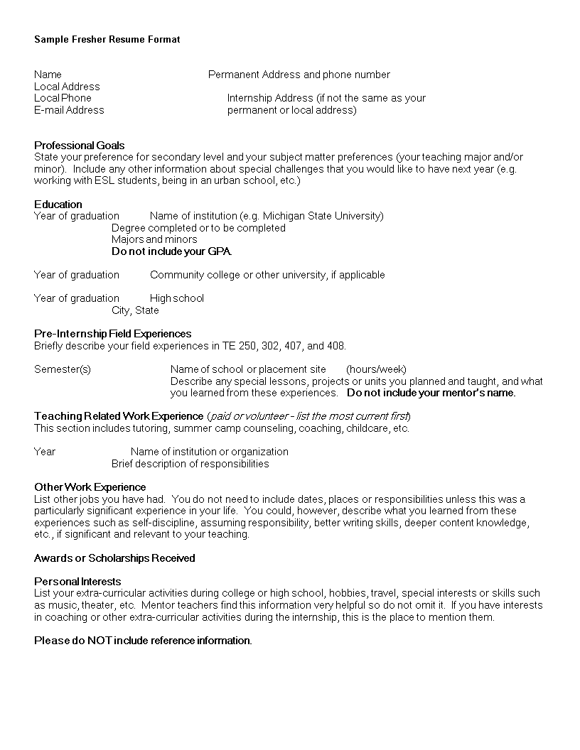 resume format for fresher modèles