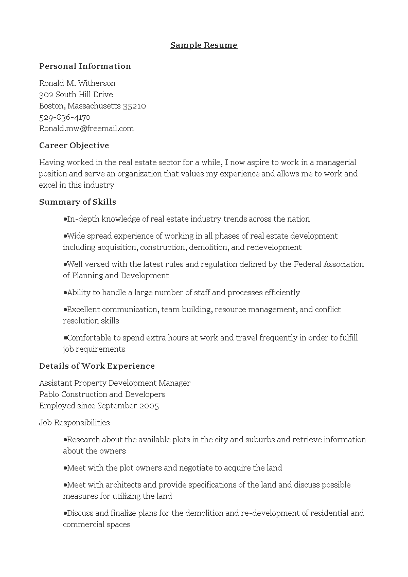 property development manager resume template