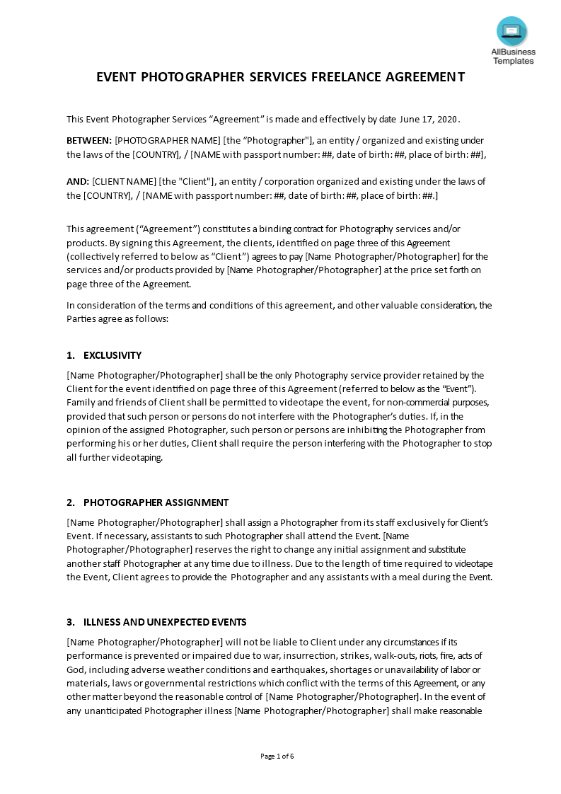 Photography Services Agreement template 模板