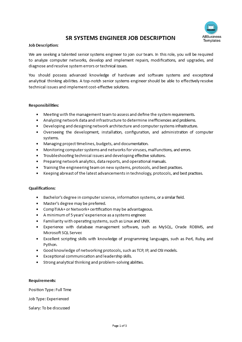 sr systems engineer job description template