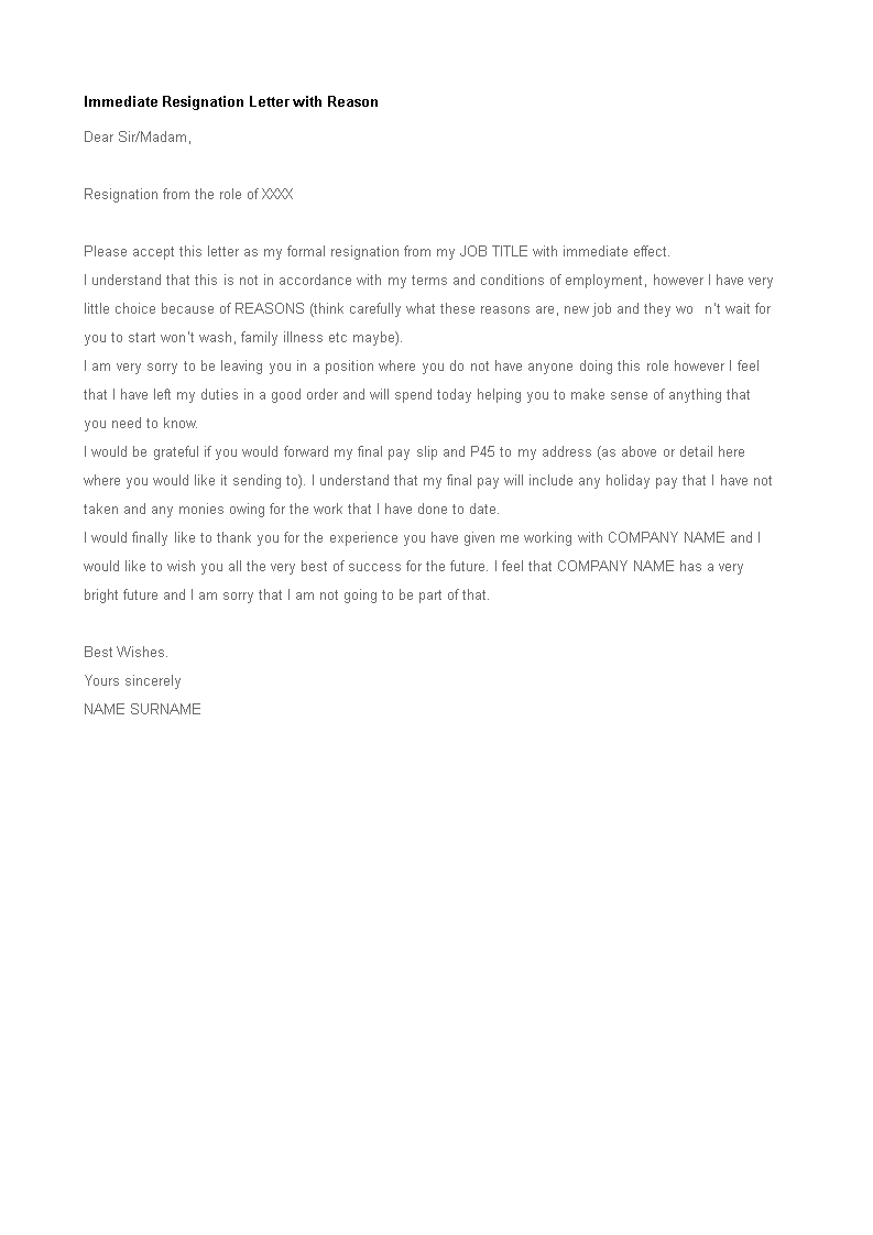 immediate resignation letter with reason template
