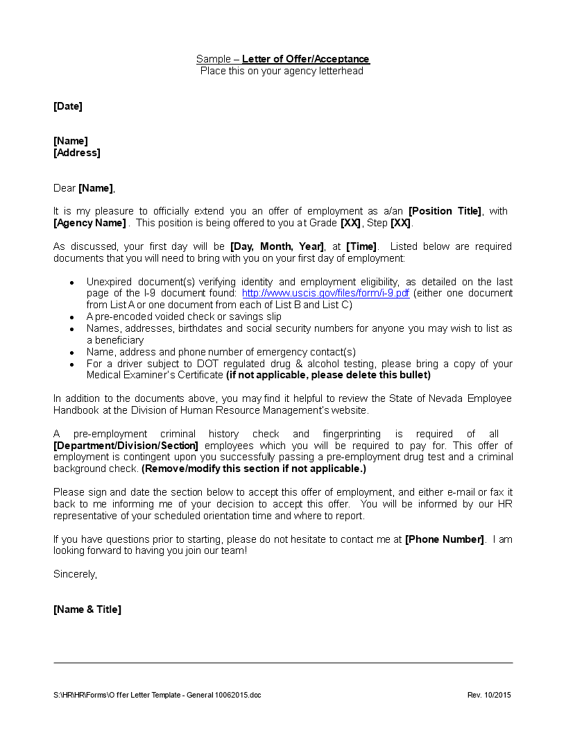 sample letter of offer acceptance for job position voorbeeld afbeelding 