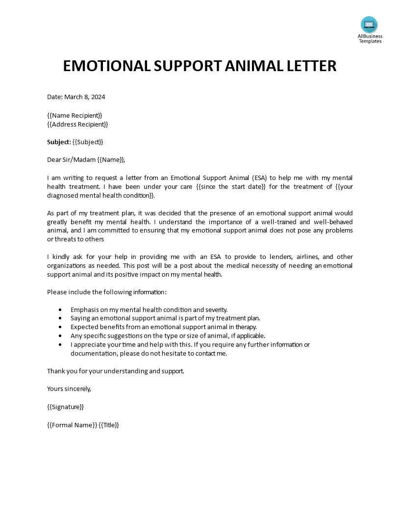 emotional support animal letter sample template