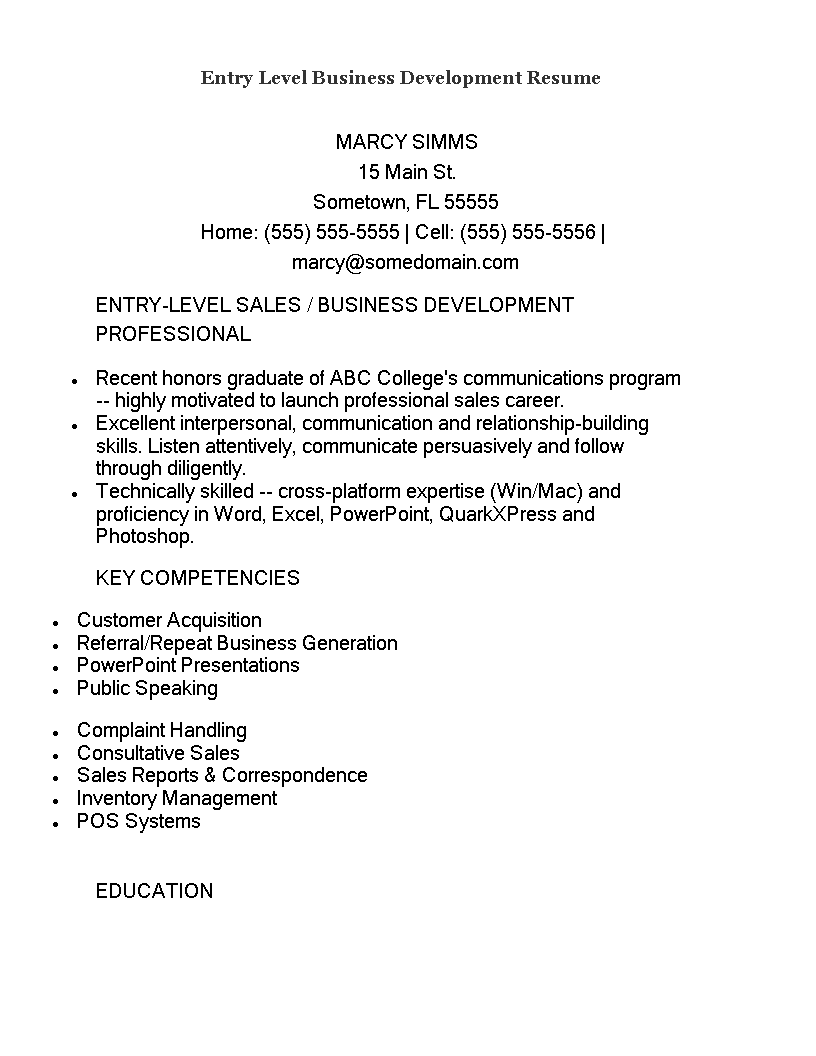 entry level business development resume template