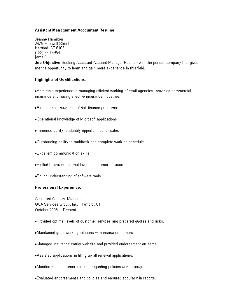 assistant management accountant resume template template