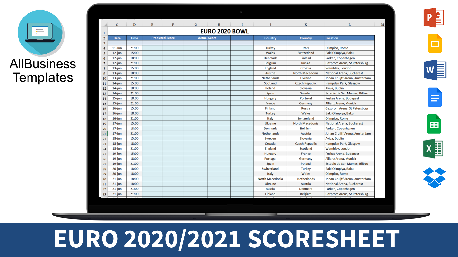EURO 2020 Tournament Scoresheet 模板