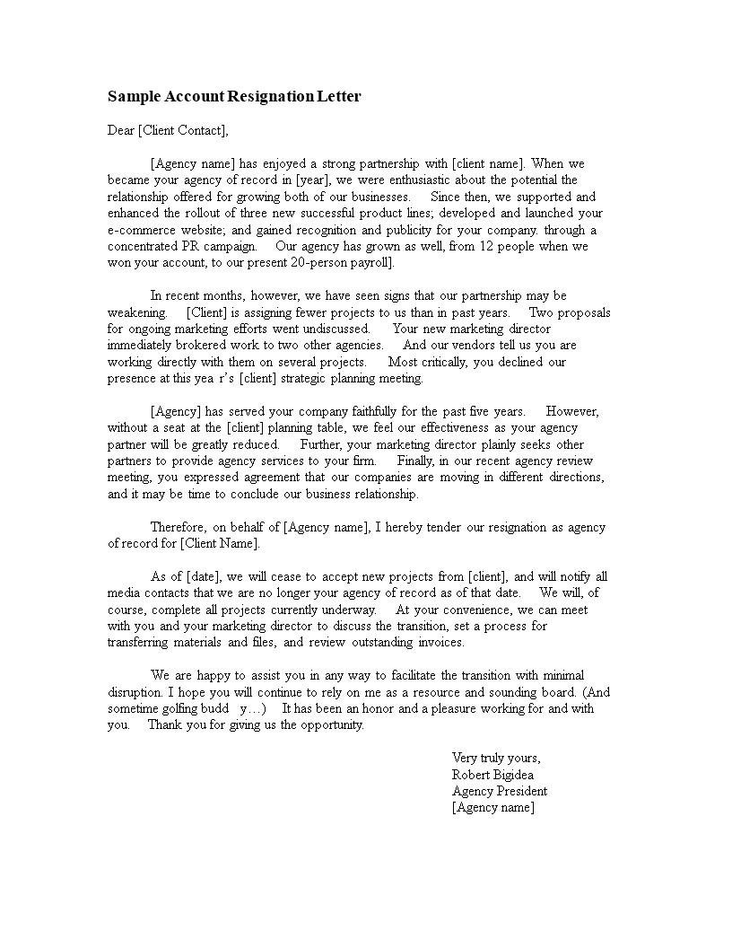 sample account resignation letter template
