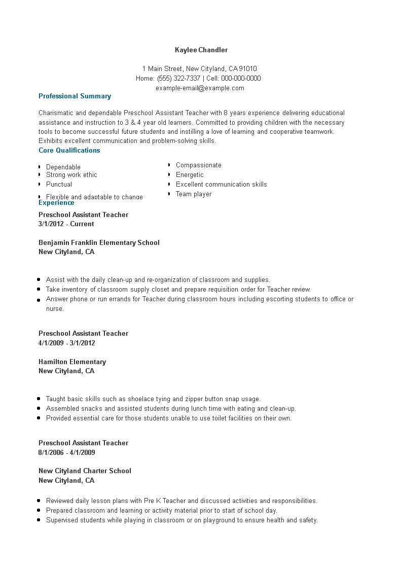 preschool assistant teacher resume with experience voorbeeld afbeelding 