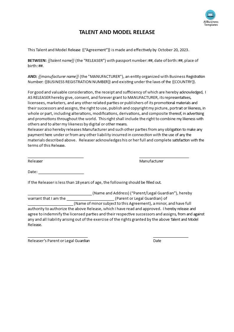 talent and model release template