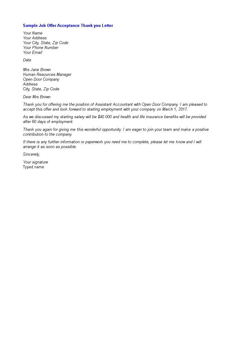 Thank you letter to accept job offer