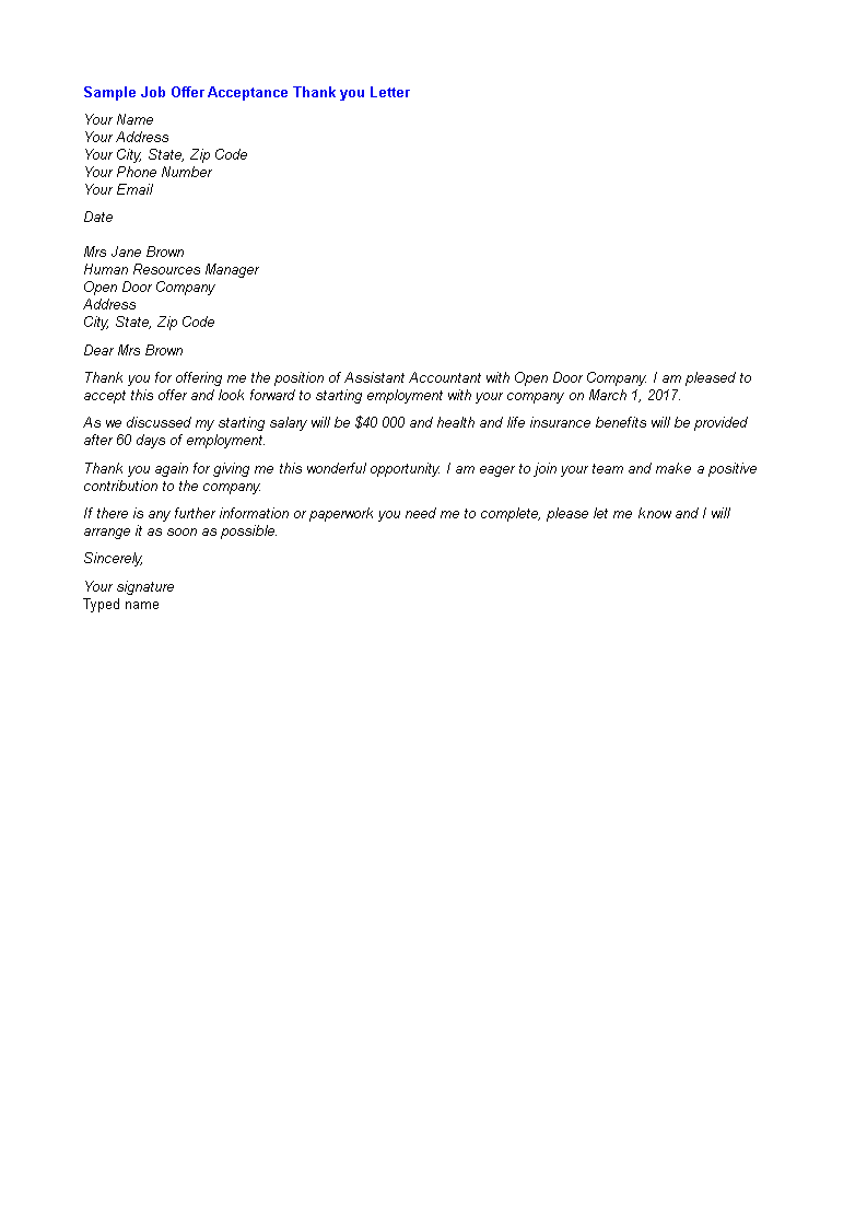 acceptance of job offer thank you letter template