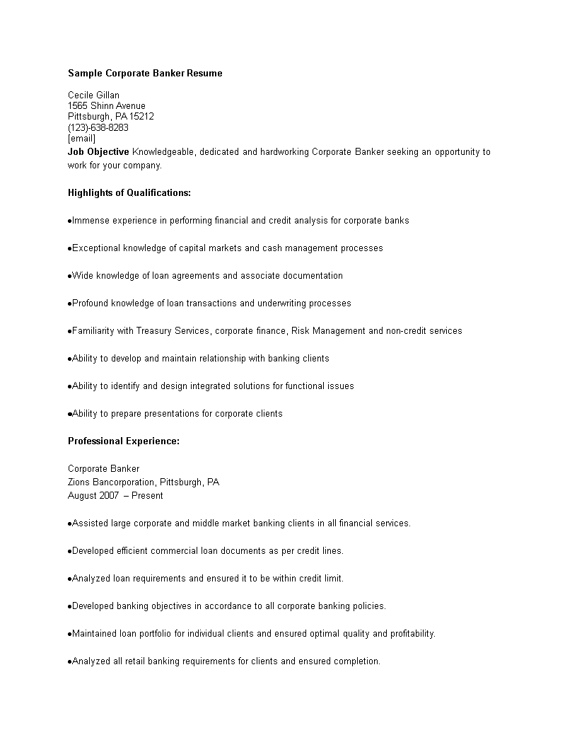 Sample Corporate Banking Resume main image