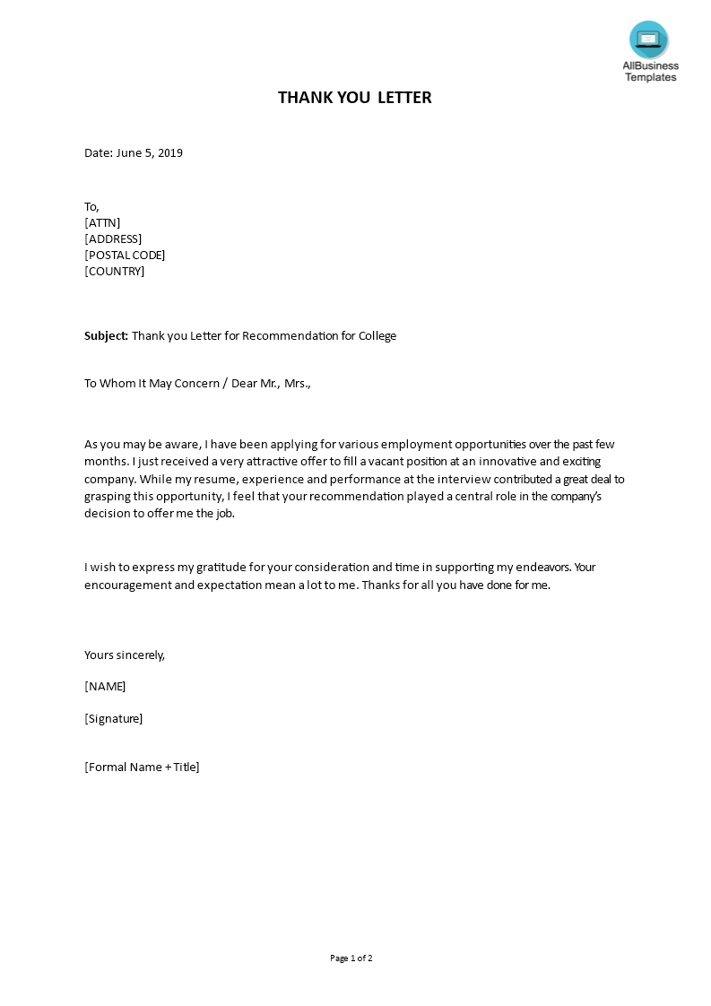 editable job recommendation thank you letter template