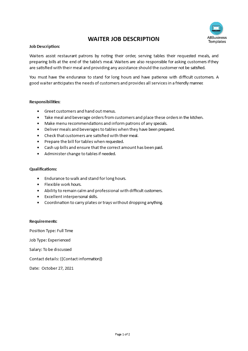 head waiter job description template