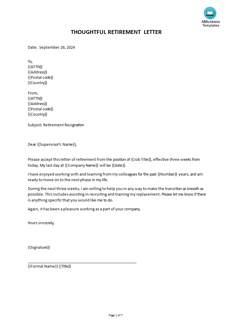 Thoughtful Retirement Resignation Letter | Templates at ...