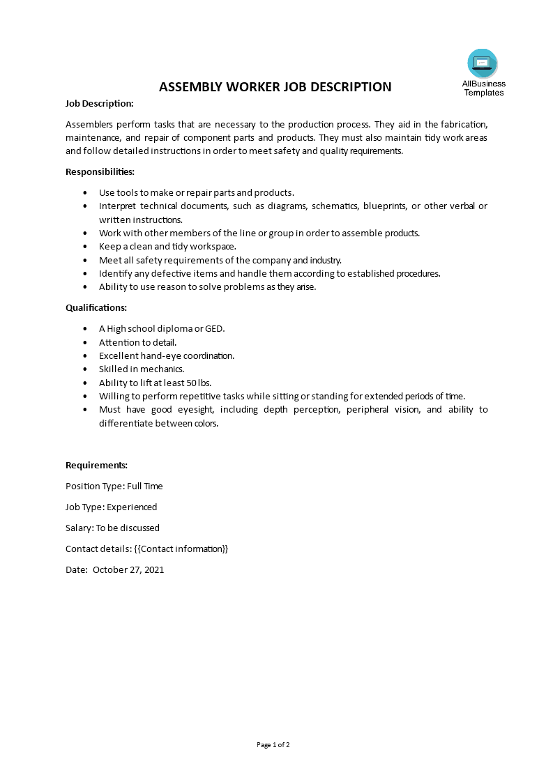 Assembly Worker Job Description 模板