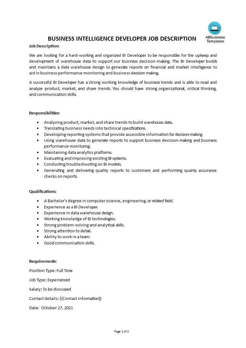 Business Intelligence Developer Job Description 模板