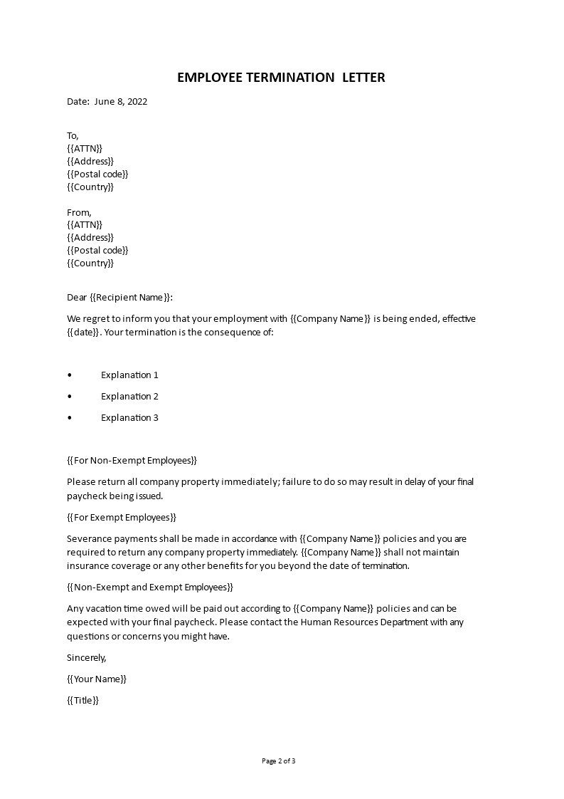 Employee Termination Letter Sample main image