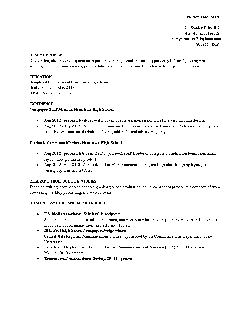 Kostenloses Sample Resume For High School Graduate