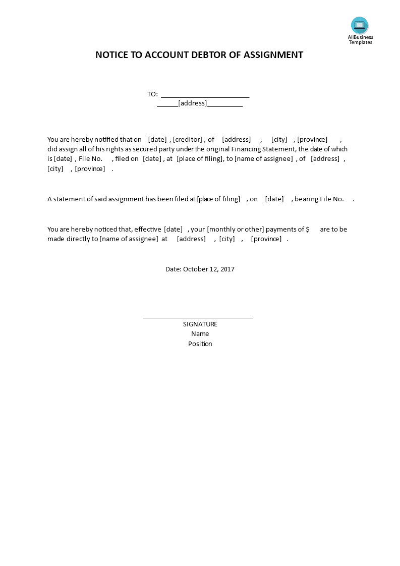 notice to account debtor of assignment modèles