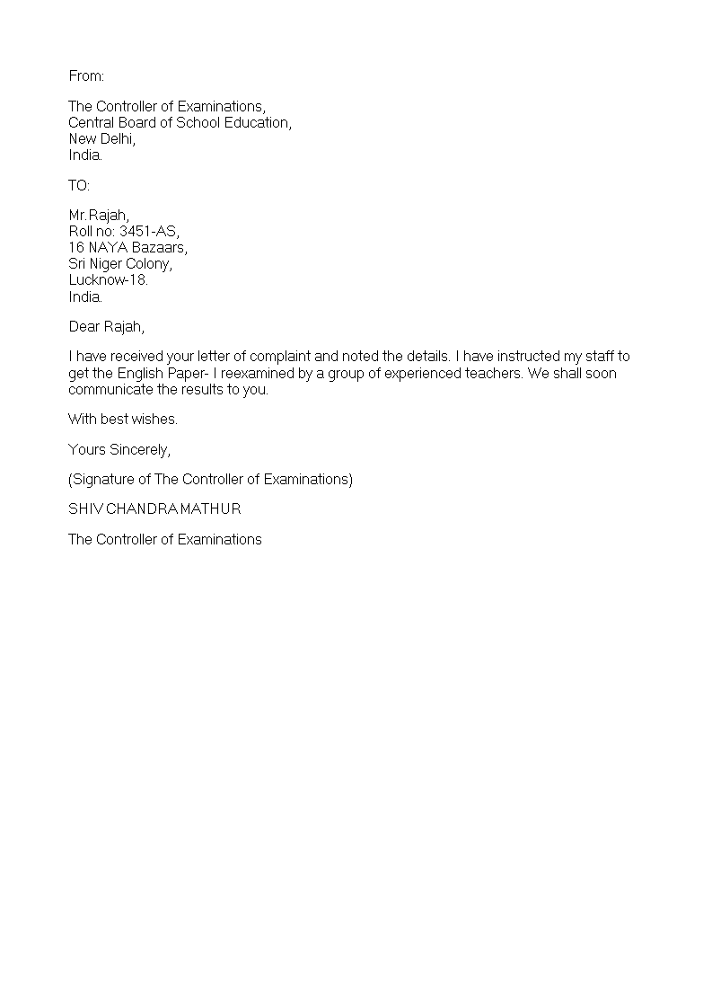 student complaint response letter Hauptschablonenbild