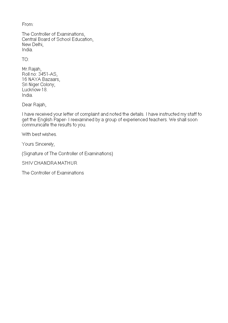 student complaint response letter template