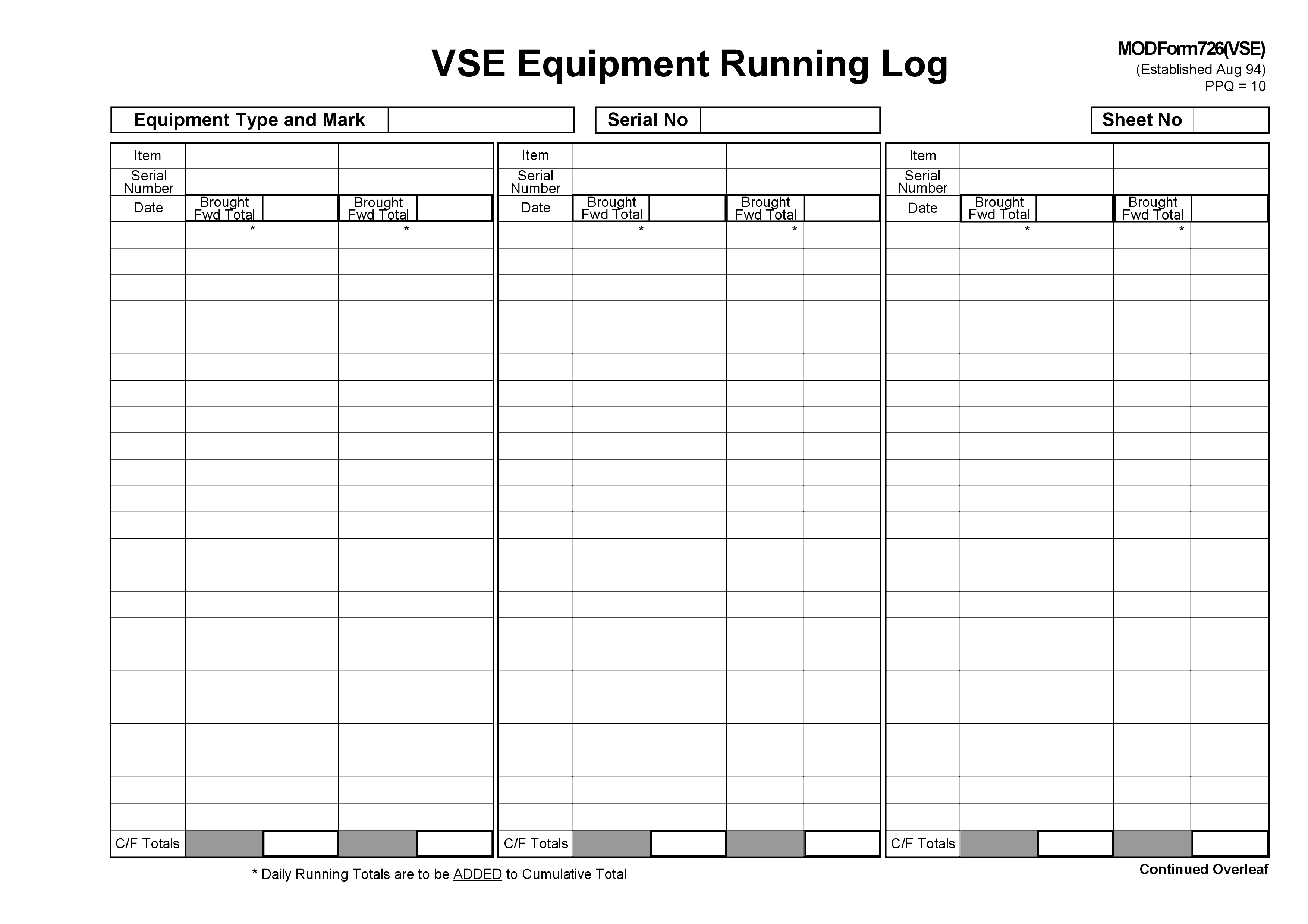 printable vse equipment running log modèles