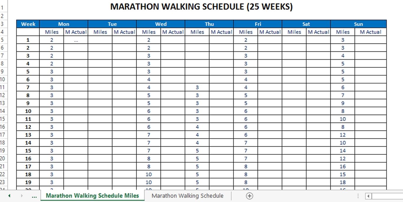 marathon running schedule for starters (in miles) voorbeeld afbeelding 