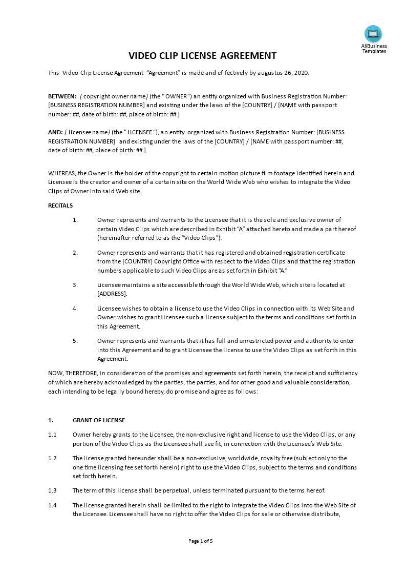 video clip license agreement plantilla imagen principal
