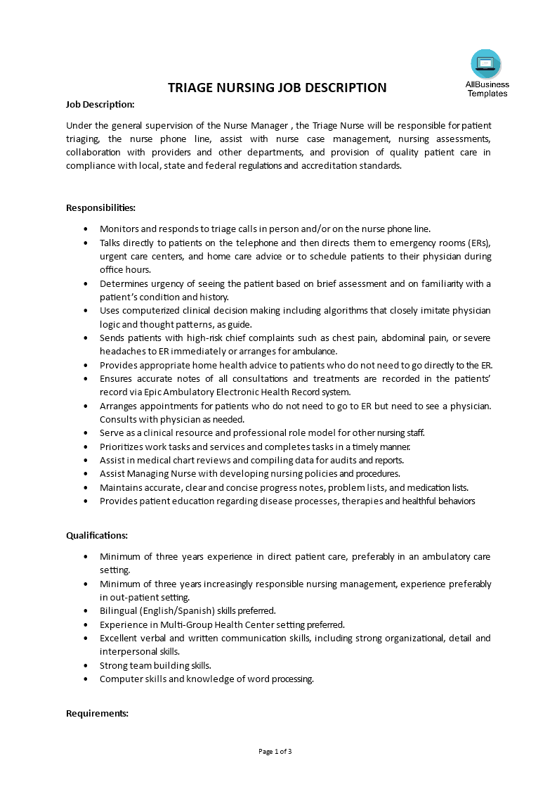 triage nursing job description template