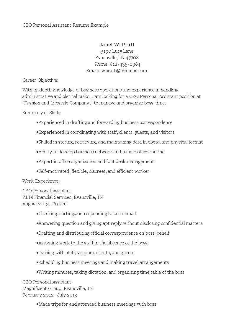 ceo personal assistant resume modèles