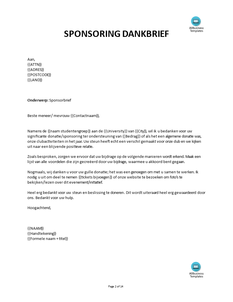 Kostenloses Sponsoring Donatie Dankbrief
