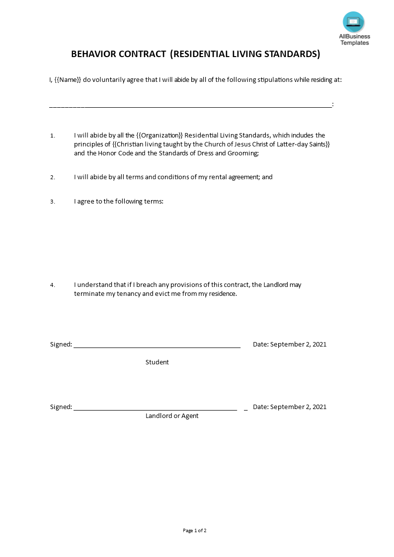 behavior contract template voorbeeld afbeelding 