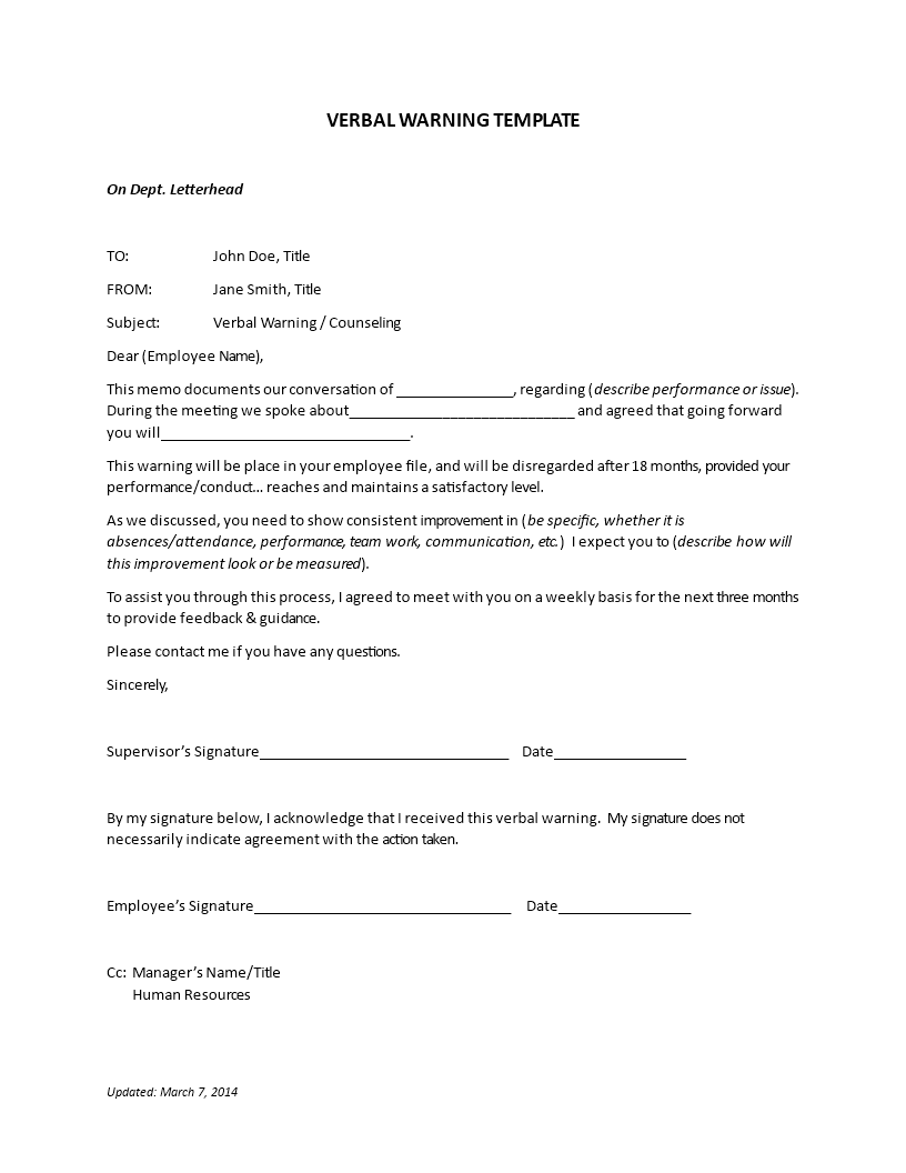 Free Printable Verbal Warning Form Printable Forms Free Online