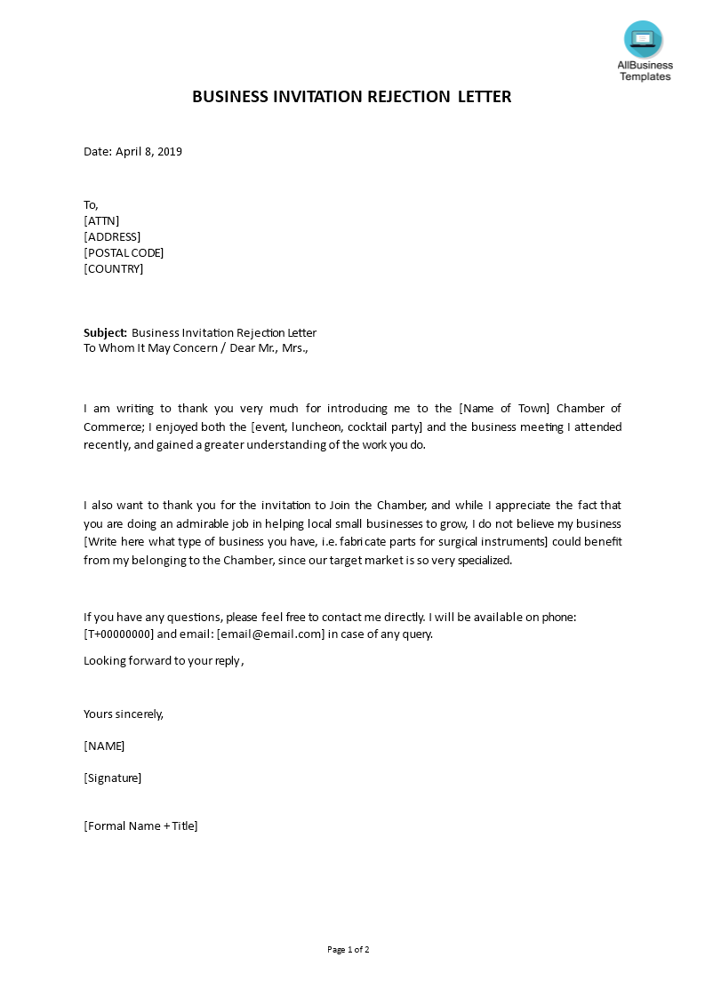 Business Invitation Rejection Letter in Word main image