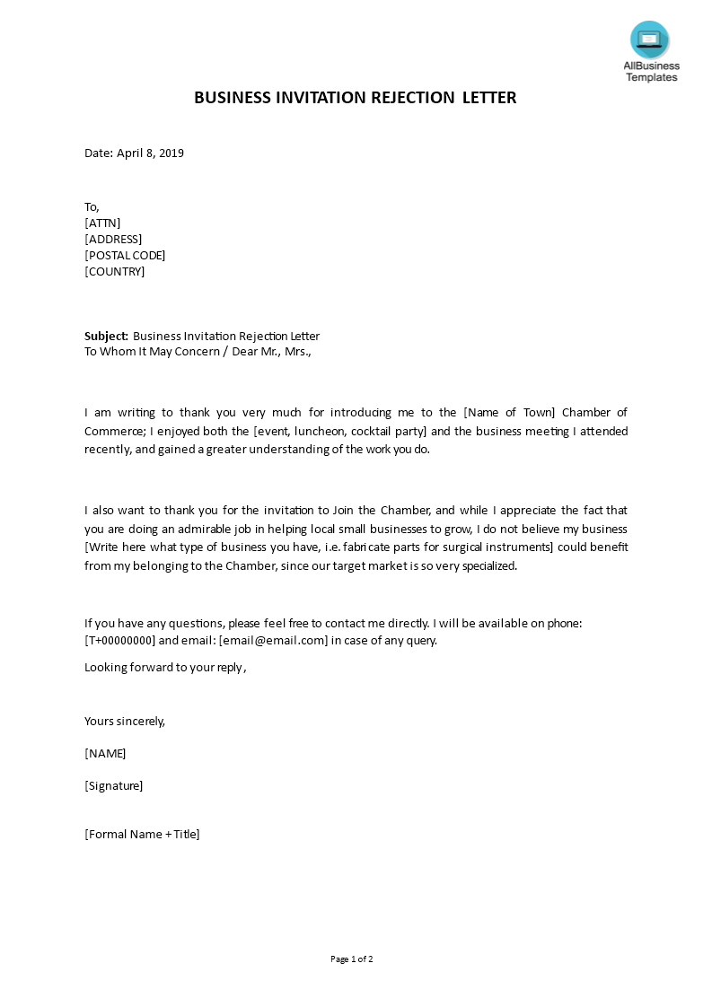 business invitation rejection letter in word template