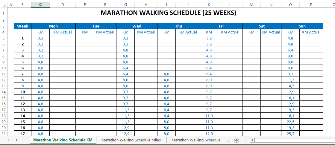 marathon running schedule (in kilometers) modèles