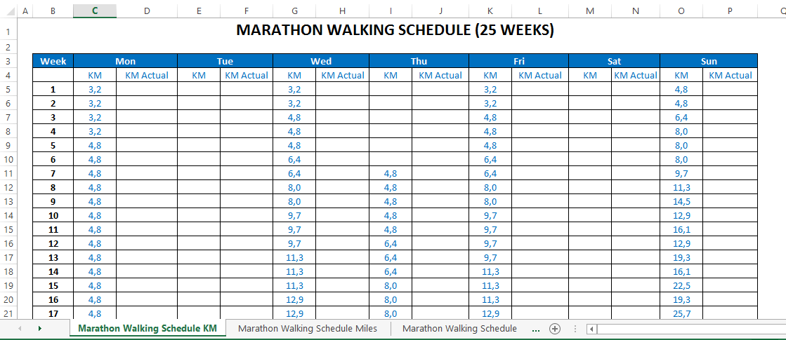 marathon running schedule (in kilometers) voorbeeld afbeelding 