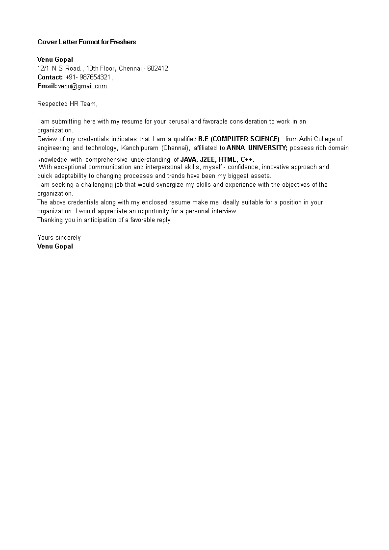 cover letter for freshers job modèles