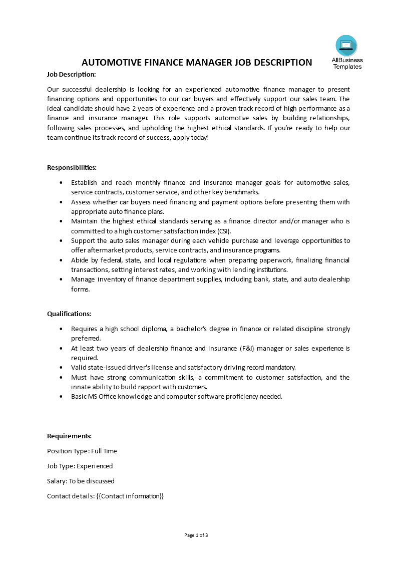 Automotive Finance Manager Job Description 模板